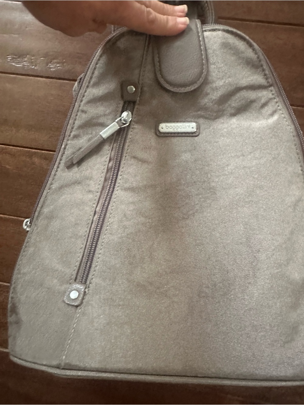Baggallini Taupe Sling Backpack with Front Zip Pocket travel bag